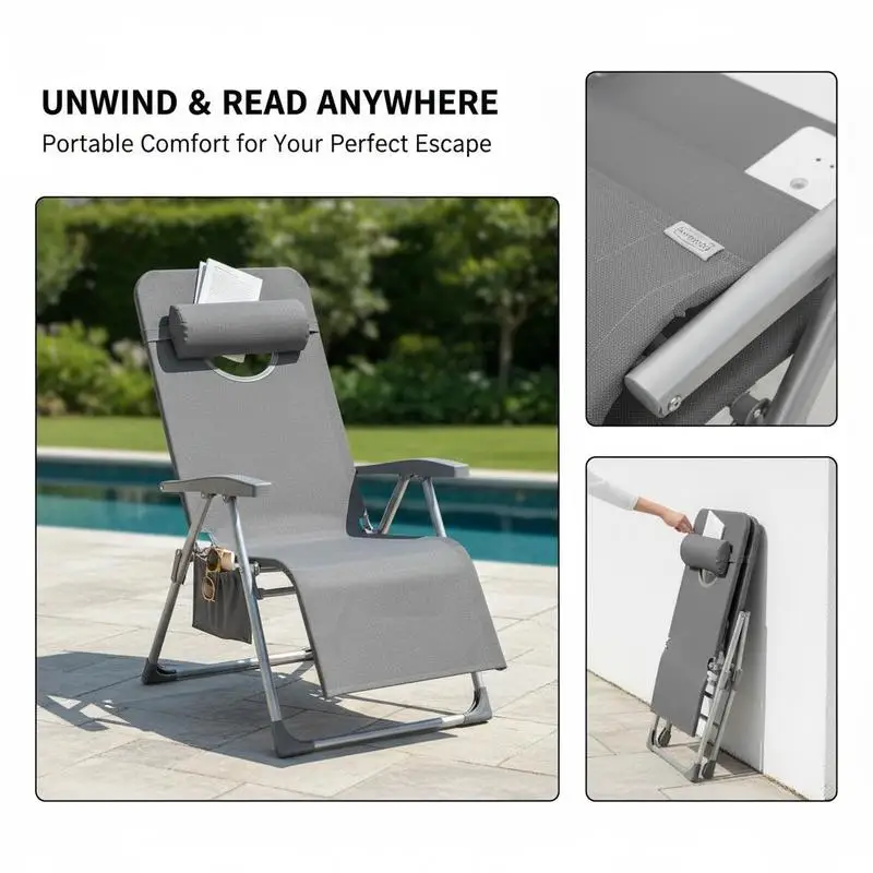 

Foldable Sun Lounger, Beach Chaise Lounge with Reading Hole, Arm Slots, 5-Position Adjustable Backrest, Side Pocket, Pillow for Garden, Beach, Pool, Grey