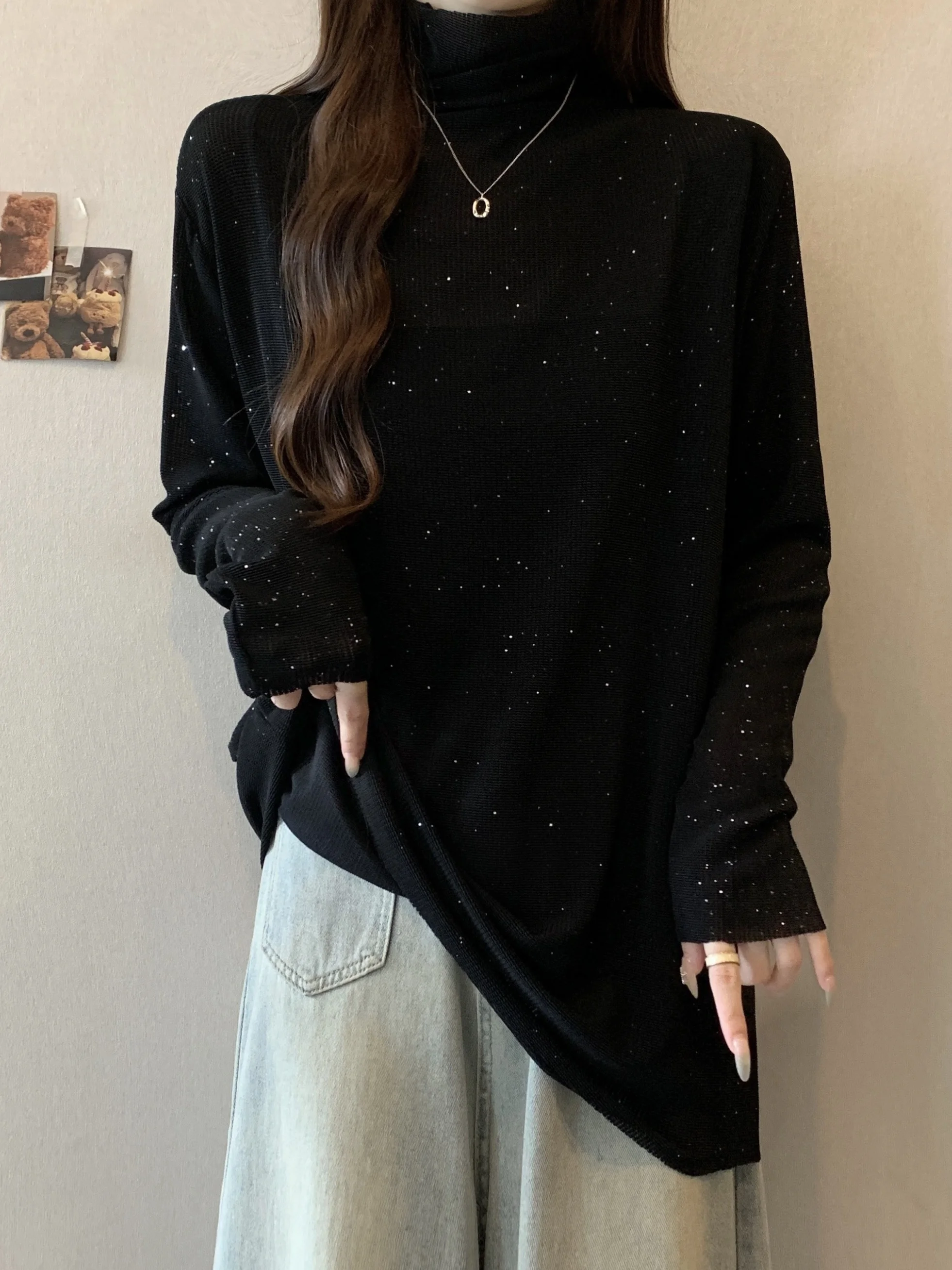 Shiny Long Sleeve High Collar T-Shirt Women's Base Shirt Spring Autumn plus Size Conceals Belly Mid-Length Sparkling Top
