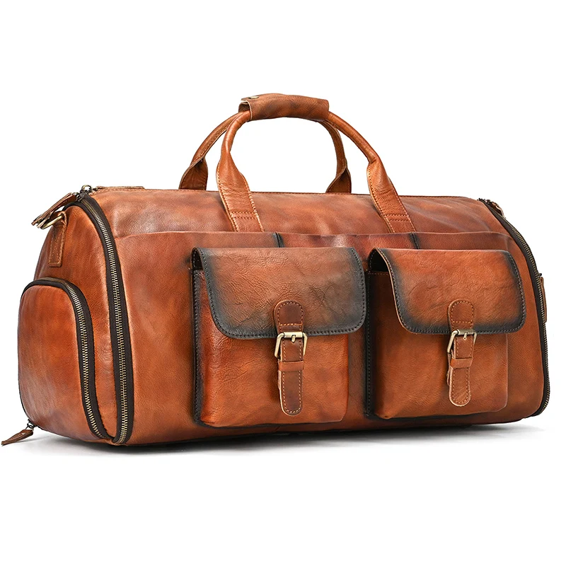 Soft Cowskin Leather Travel Duffle Bag Men Women Weekender Shoulder Hand Luggage Suit Carry-On Fashionable Male Weekender Bag