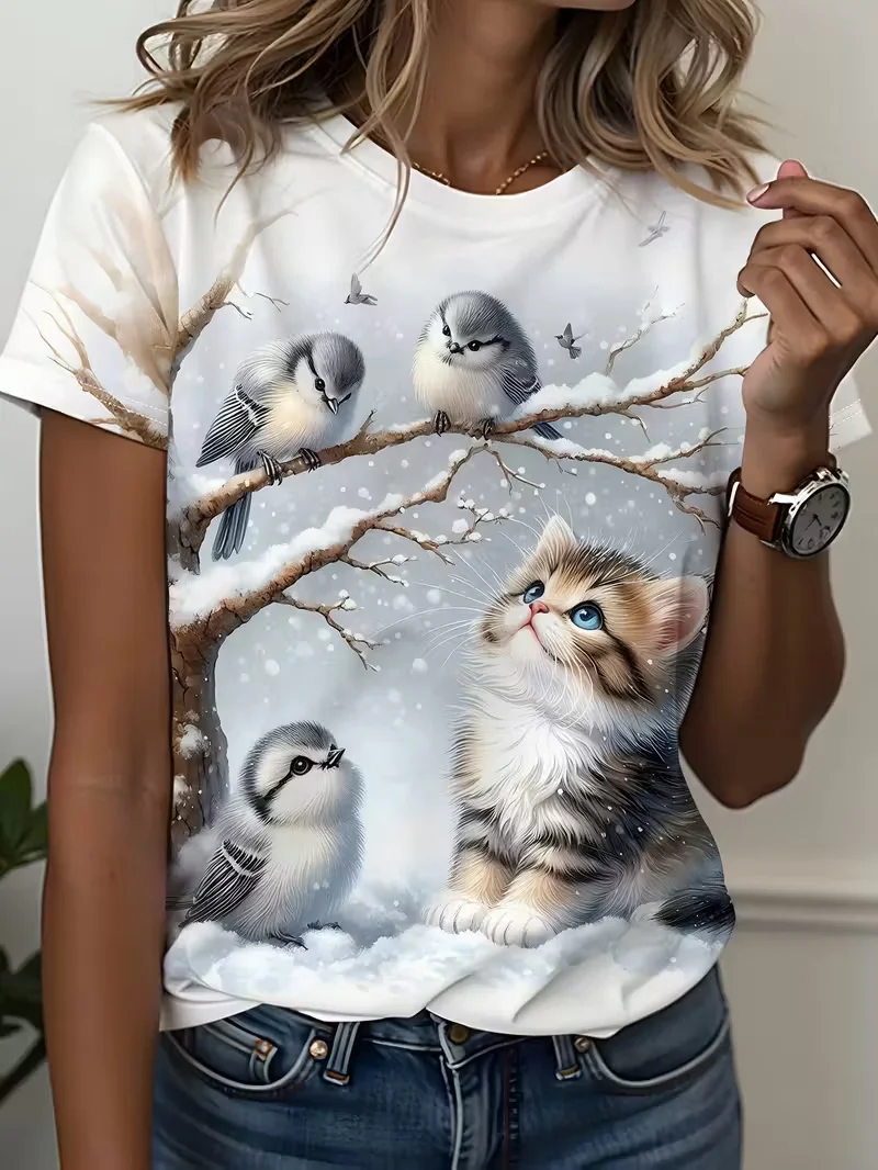 

Women's Short Sleeved T-shirt with Cute Winter Scene Print Featuring Cat and Bird, Snow Branch Pattern, Casual T-shirt