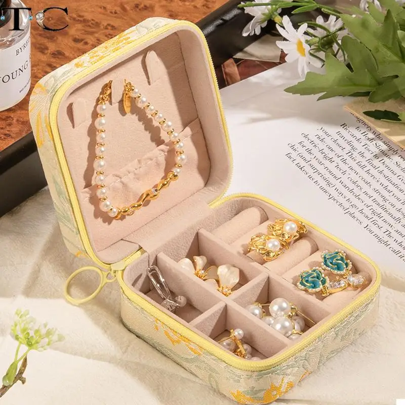 Yellow Flower Embroidered Jewelry Box for Rings Earrings Necklaces Bracelets Multifunctional and Convenient Storage Box
