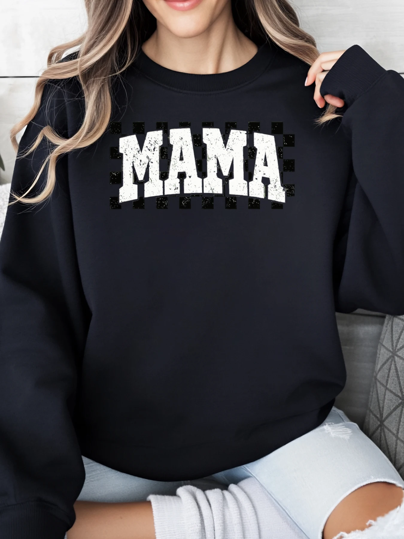 

Толстовка с принтом Mama, свитер с круглым вырезом на день матери, женская повседневная одежда, черный, больших размеров