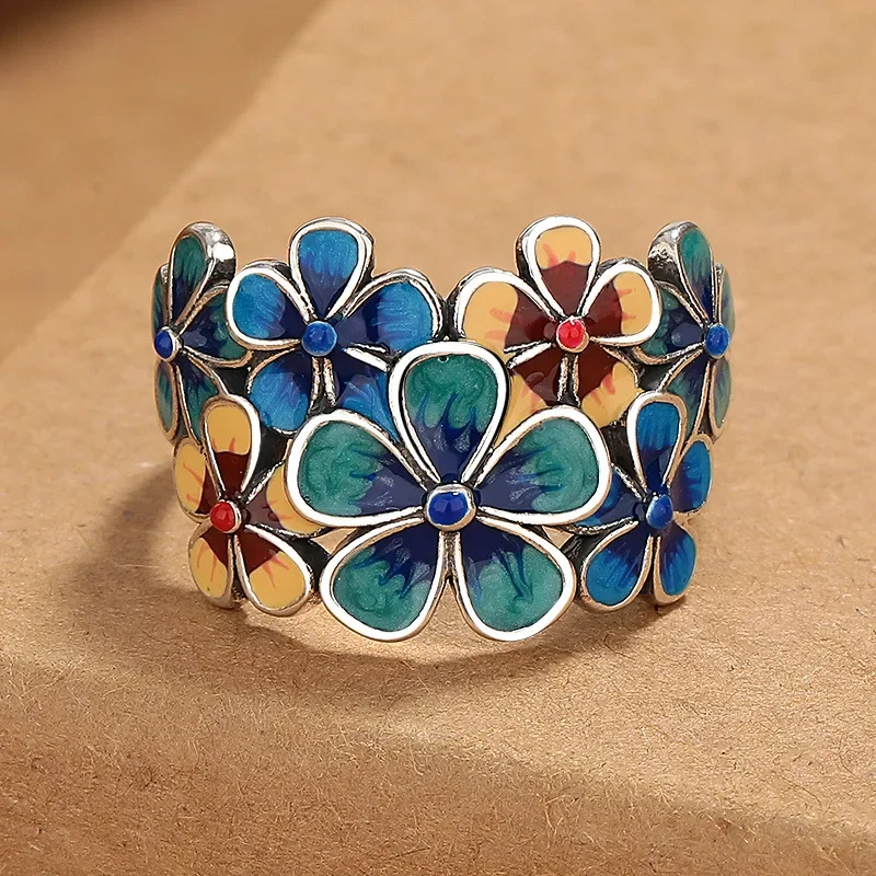 New Silver Color Cloisonné Enamel Flowery for Women with Atmospheric Retro Ethnic Style Opening Adjustable Creative Index Finger