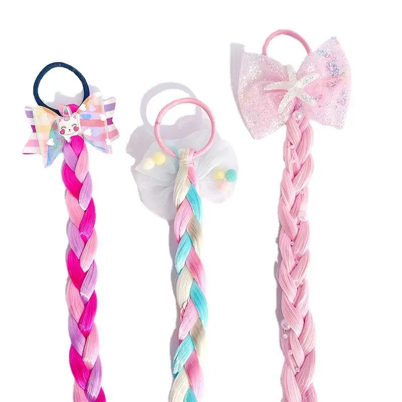 Unicorn Cute Wigs Ponytail for Kids Girl Candy Color Cartoon  Butterfly Bow Ponytail Hair Styling Rubber Bands Headwear Braid