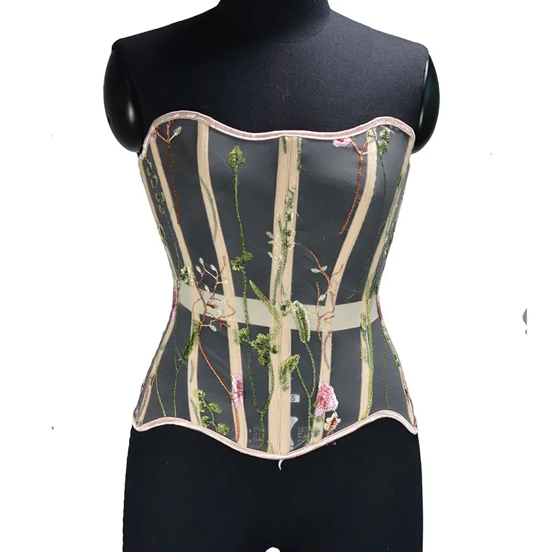 Women Back Lace Embroidered Corset Mesh  Corset Bustier Tops Longline Embroidery Sexy Cropped Top Vest Overbust  Lace Corset Top