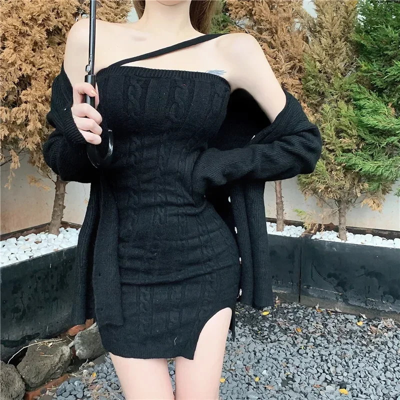 

Korean Fashion Womans Clothes For 2025 Spring New Knitted Suspender Dress Sexy Spicy Girl Mini Dress Y2k Bodycon Dresses