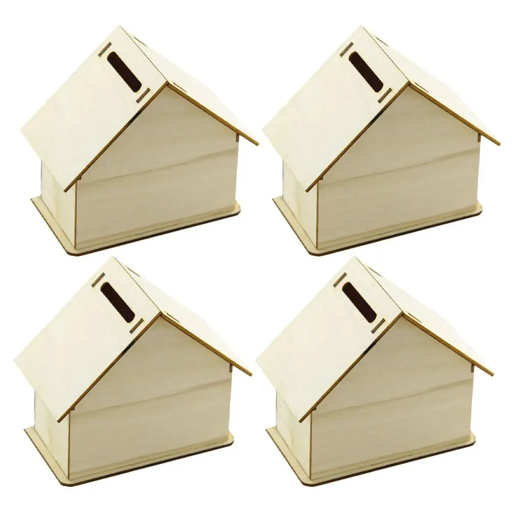 4pcs Wooden House Storage Box DIY Painting Blank Wood Holder Money Candy Container Desktop Home Box  Wood Color