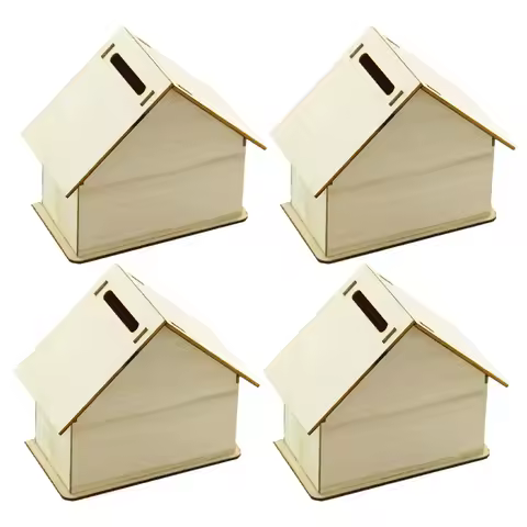 4pcs Wooden House Storage Box DIY Painting Blank Wood Holder Money Candy Container Desktop Home Box Wood Color