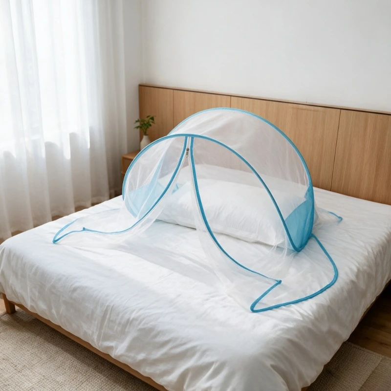 Blue Foldable Mosquito Head Net – No Install, Portable Face Shield for Travel, Camping & Student Dorms