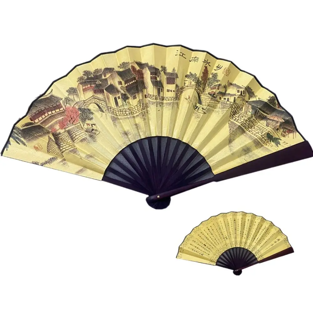 Bamboo Handle Folding Fan Silk Cloth Traditional Chinese Painting Hand Fan Laser Engraving Chinese