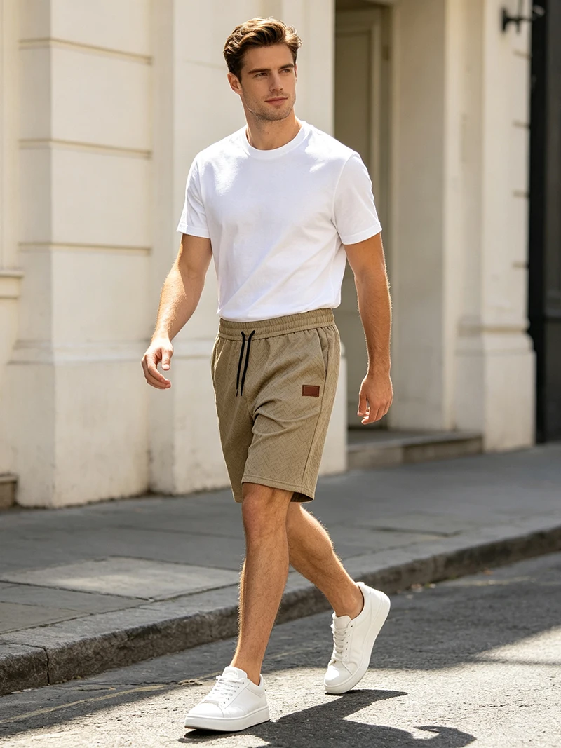 Herren Sommer-Jacquard-Shorts, Lässige Passform mit Kordelzug, Strukturiert, Leicht, für Urlaub und Alltag – Detail 11