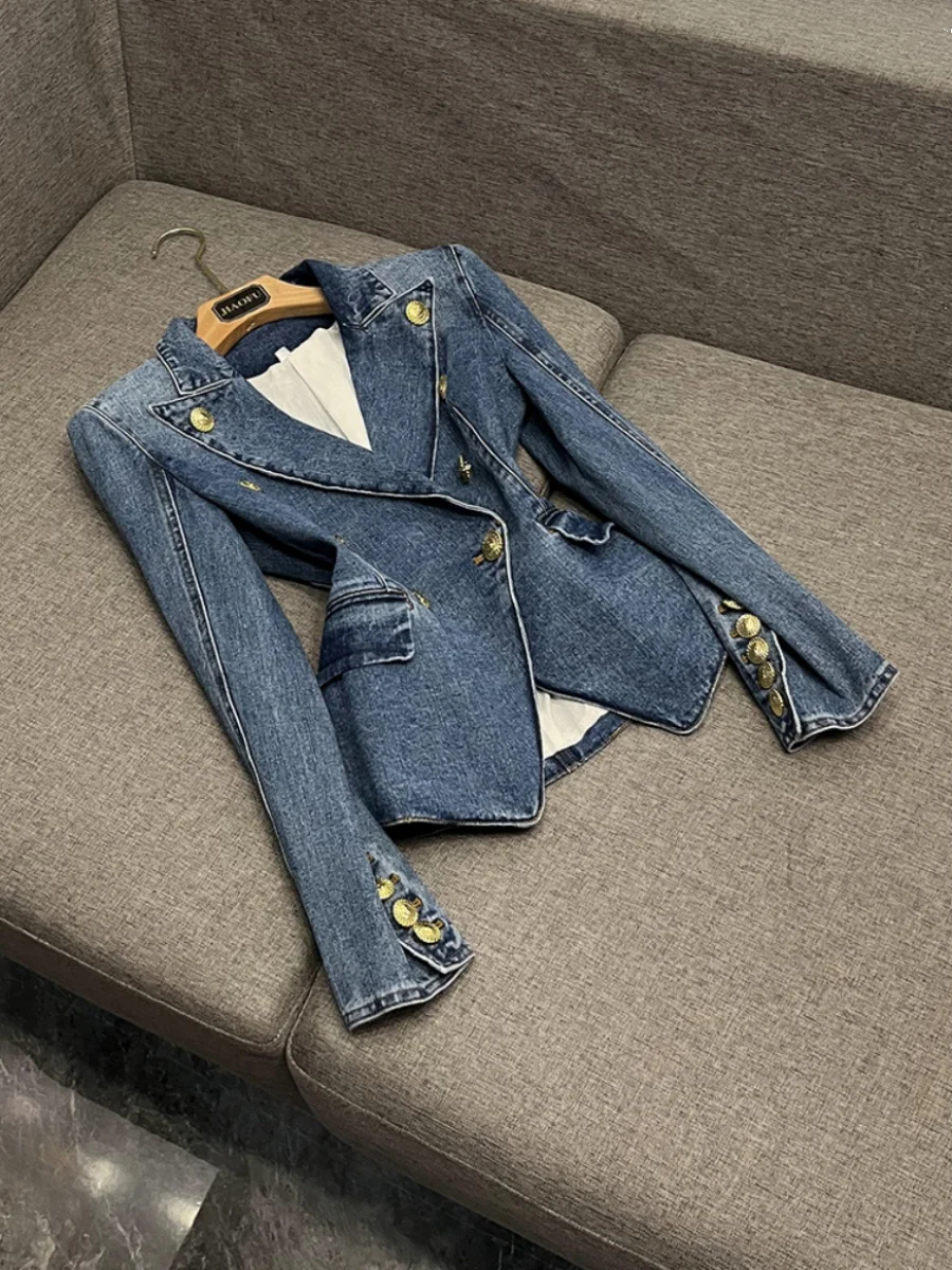 

Stars And Ladies Sli Slim Fit Double Breasted Waed Denim Suit Jaet Coat A22527HB Commute Sle Long Sve Color