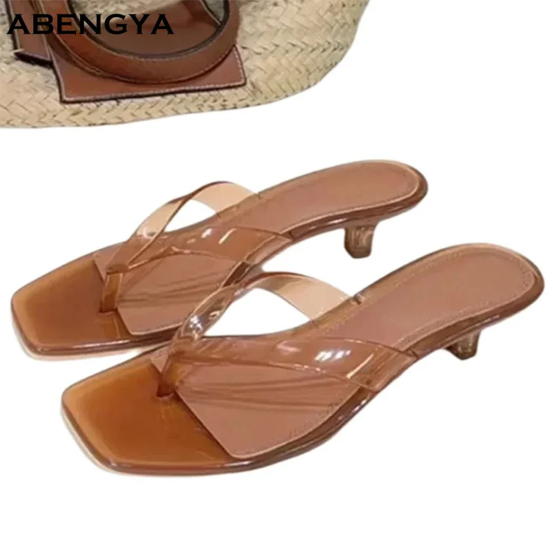 

Designer New PVC High Heel Flip Flops Slippers Women Square Toe Mules Dress Shoes Summer Casual Party Banquet Shoes For Women