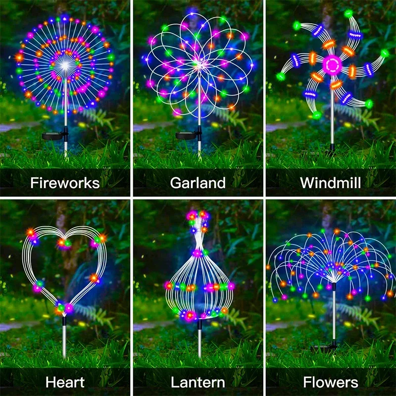Solar Firework Lights 60-420LED Garden Stake Lamp 8 Modes Waterproof IP54 Rating Warm White White Colorful Pathway Party Decor