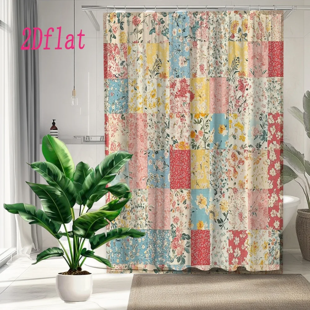 

1pc a Vintage Floral Patchwork Shower Curtain Featuring a Colorful Design, Measuring 70.8 by 70.8 Inches, Complete with Hooks