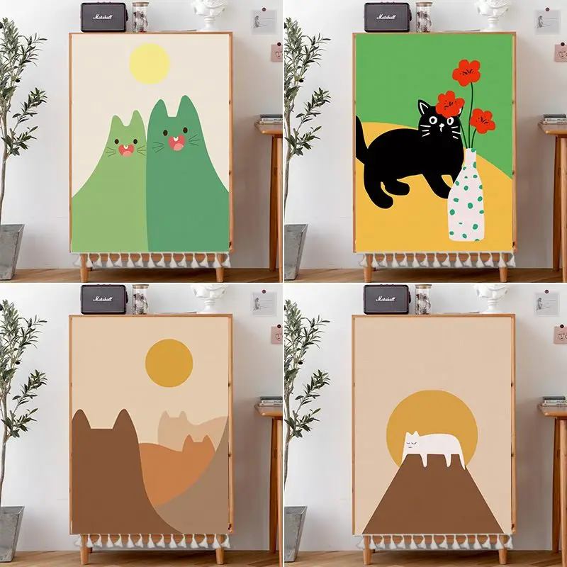 VIKAMA Cartoon Cat Cabinet Curtain Set Green Cat Black Cat Vase Mountain Cat Closet Cover For Bedroom Kitchen Home Decor