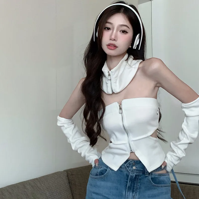 Women Hollow Zipper Knitted Crop Top with Sleeves High Street Sexy Backless Irregular Solid Color Camisole  New