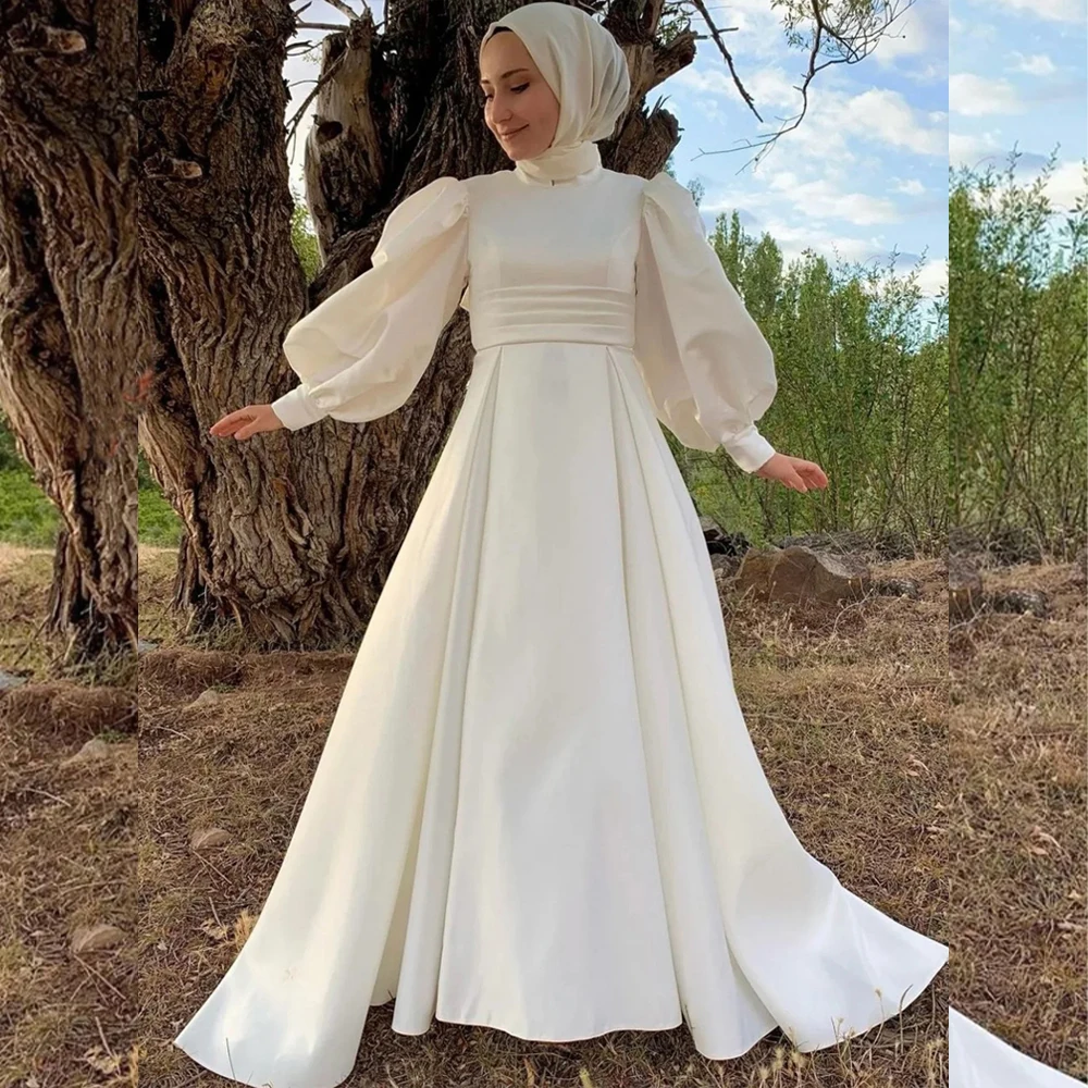 

Simple Wedding Guest Dresses High Neck Long Puff Sleeves Beach Garden Muslim Bride Dress Pleat A Line Bridal Gowns Customized