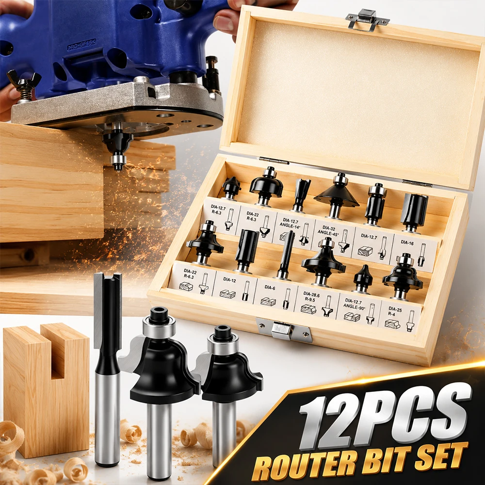

12PCS Shank Wood Router Bit Carbide Straight Milling Cutter Wood Carving Trimming Tools with Case for Woodworking Tools