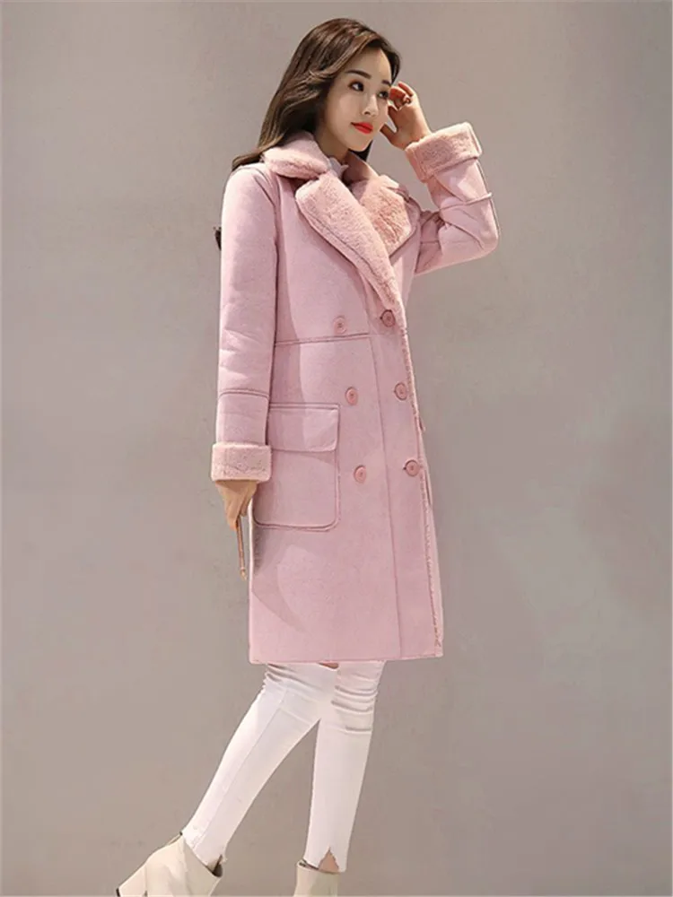 Abrigo largo De lana De piel De cordero rosa claro para Mujer, Ropa De Cachemira gruesa De Corea, manga larga, ajuste holgado, moda De invierno 2023