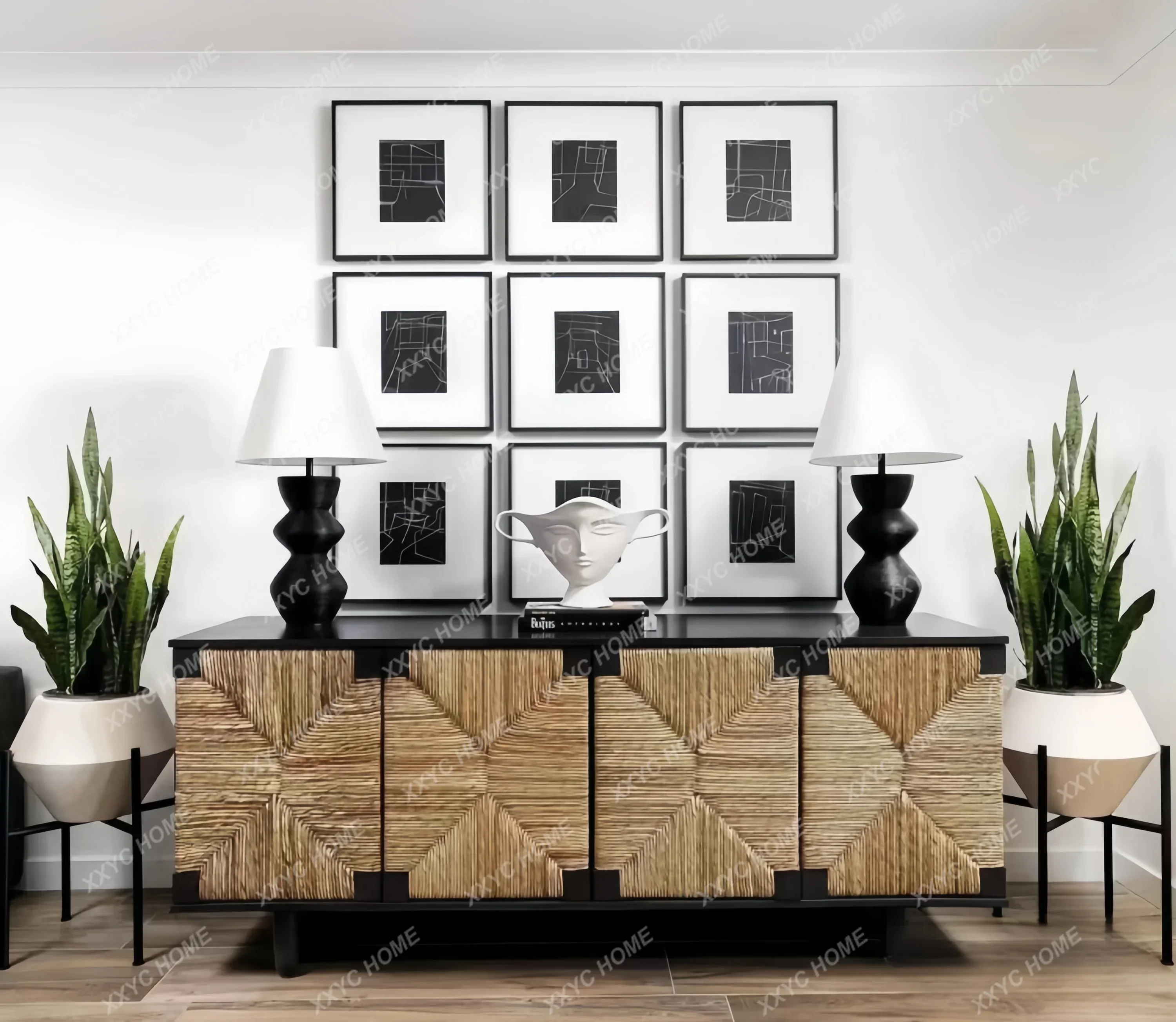 A Solid wood living room entrance decorative cabinet storage storage braided rope