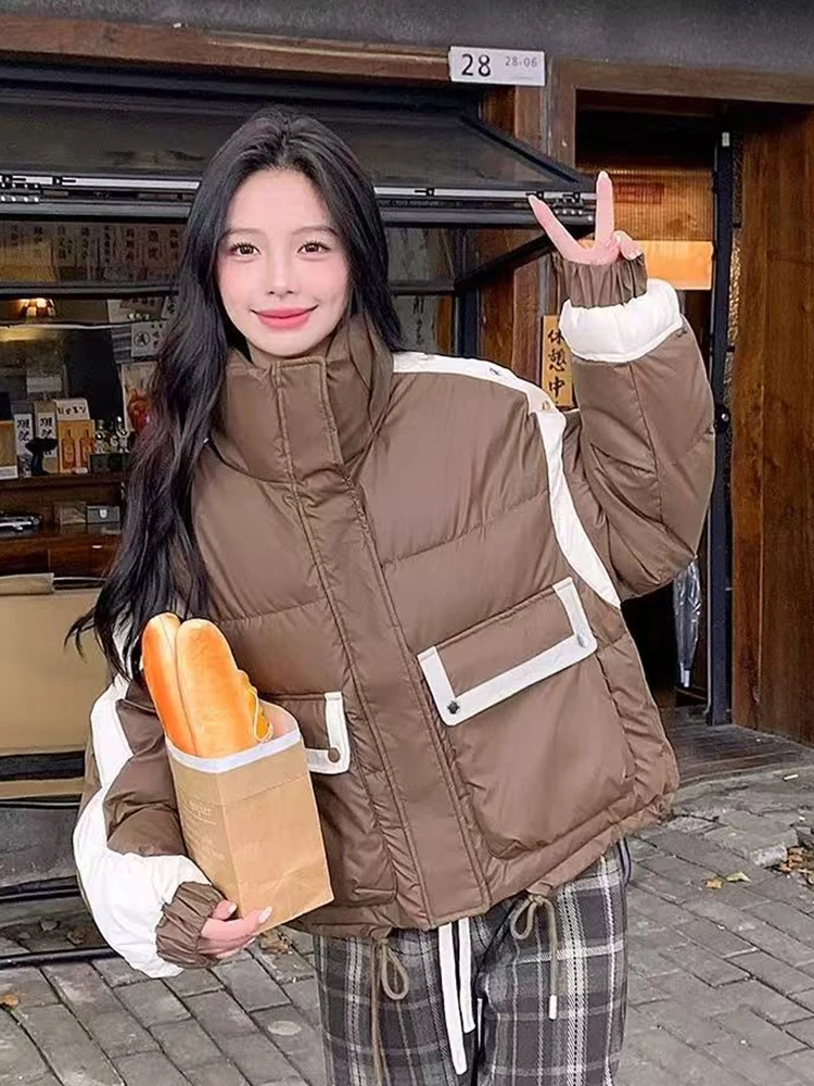 Vintage Pu Leather Crop Parkas Women Y2K American Loose Stand Collar Patchwork Coats Harajuku Streetwear Warm Down Outwear New