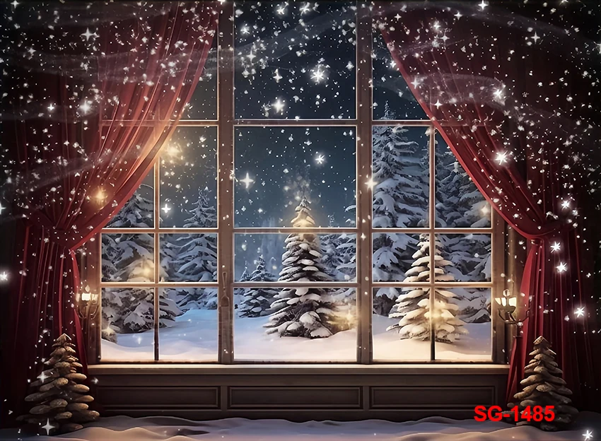 사진 배경 창 밤 크리스마스 소나무 장식, 가족 휴일 파티, 겨울 별 배경, 사진 스튜디오
