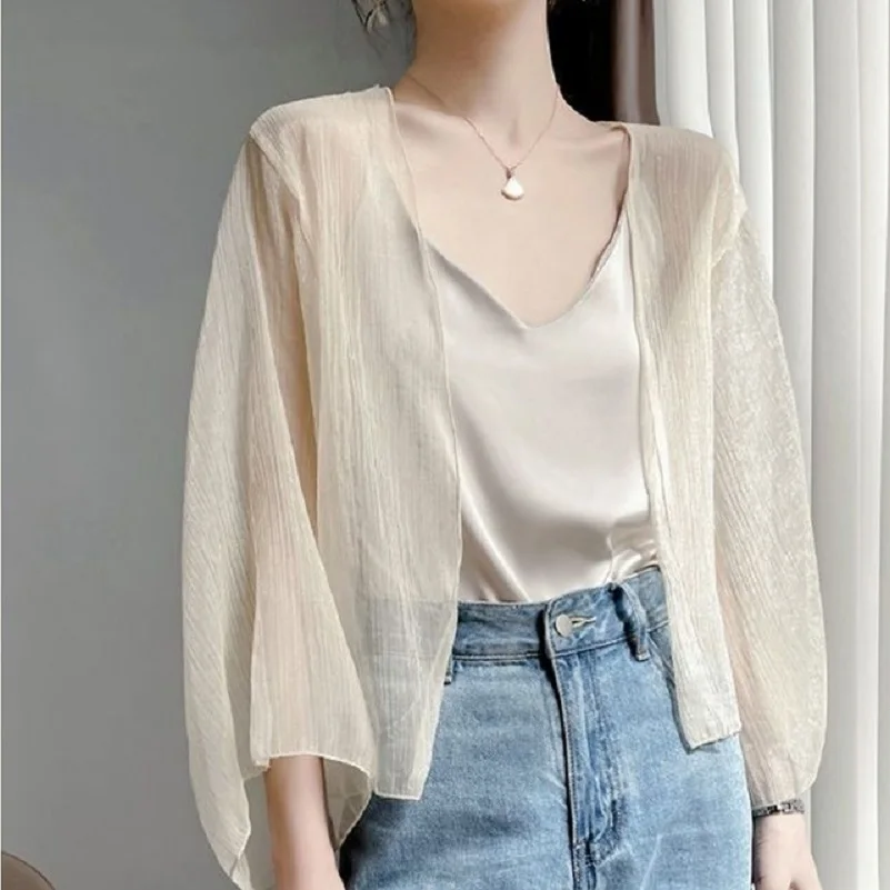 2024 Sunscreen Cardigan Women Summer Thin Perspective Long Sleeve Crop Tops Female Simple Casual Basic Solid Ice Silk Cardigans