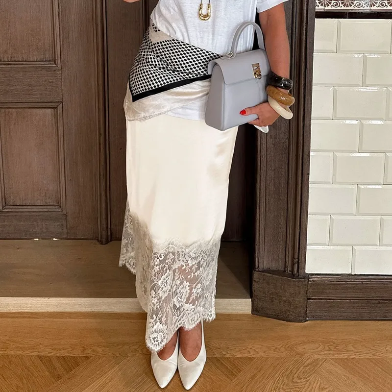 

Talenza Elegant Satin Maxi Skirts Fashion Lace Slit Patchwork Slim Skirts Luxurious High-waisted Women Party Autumn New Skirts