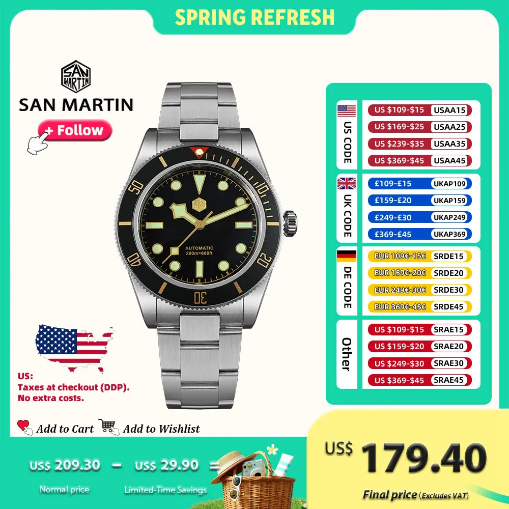 

San Martin 40mm Retro Luxury Diver Watch NH35 Automatic Mechanical Watches for Men with Sapphire 200m Waterproof Luminous SN0008