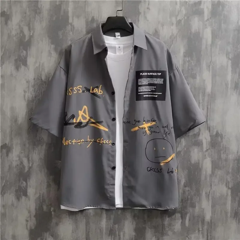 Printed Shirt Men's Trendy Brand Summer Thin Hong Kong Style Student Fashion Loose Jacket Men's Casual Shirt streetwear
