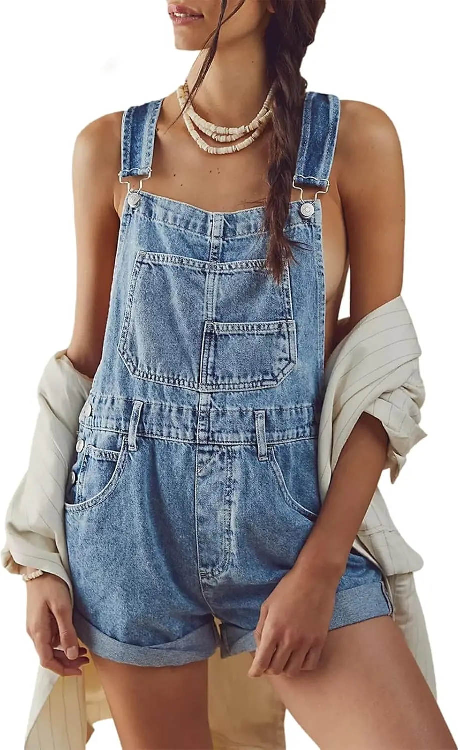 

Women's Overalls Summer Shorts Denim Adjustable Straps Shorts Casual Solid Color Rompers Jumpsuits With Pockets Pants