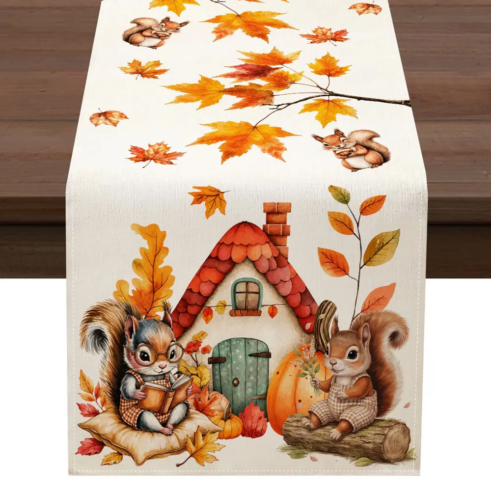 Linen Table Runner Off White Pumpkin Floral Leaf Watercolor Print Autumn Gathering Table