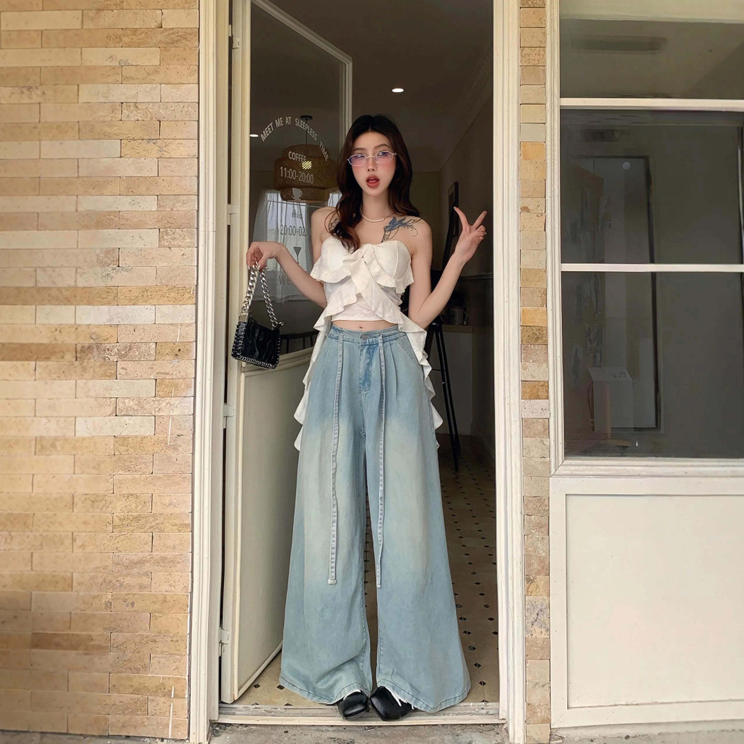 

Свободные широкие джинсы с поясом в стиле ретро, женские новые 20225, тонкие джинсовые брюки прямого кроя с высокой талией, повседневные широкие джинсы с высокой талией