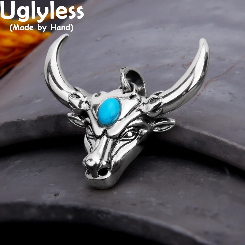 

Uglyless Cool Men Bull Head Pendants Necklaces NO Chain Creative Animals Jewelry Glossy 925 Silver Wild Ox Necklace Turquoise