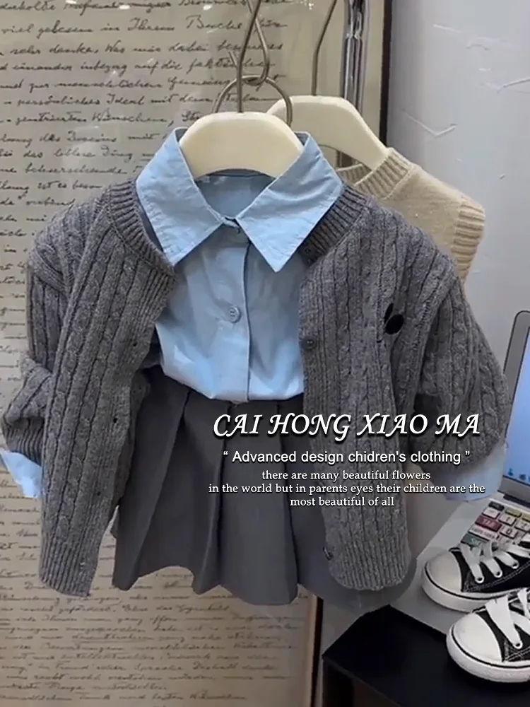 Children's Clothing Girls' Preppy Style Suit2024Spring Children's Western Style Knitted Vest Lapel Shirt Pleated Skirt