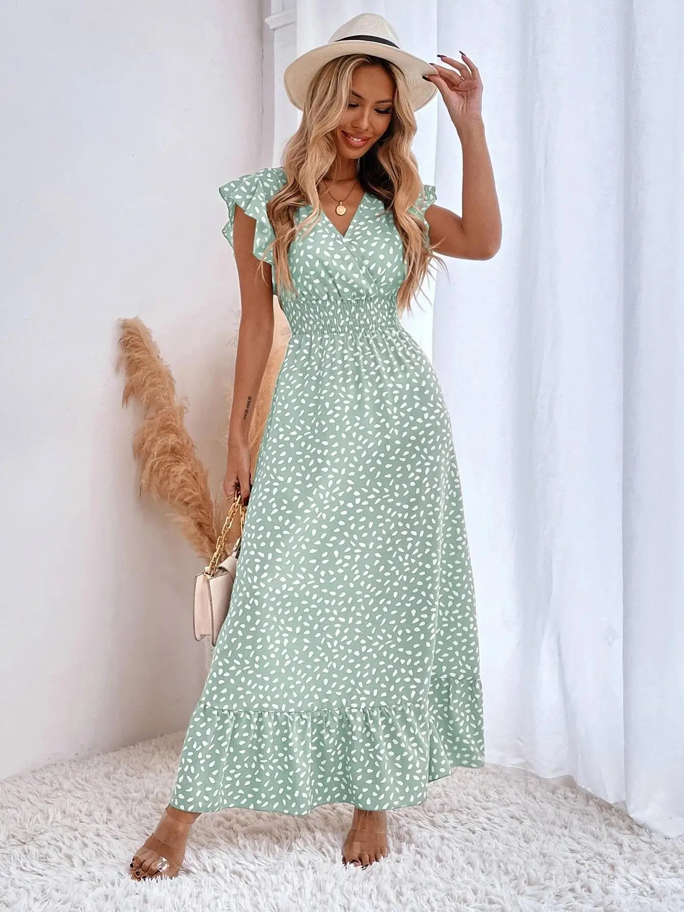 Amazon Cross border Foreign Trade European and American Women\'s Wear 2024 Spring/Summer Fashion V-neck Waist Long Dress High Wai