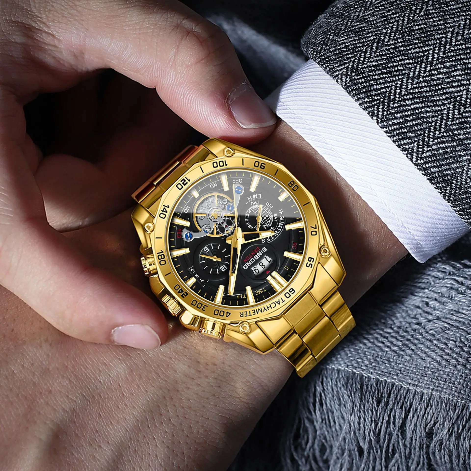 Top Brand Watch Men Sports Night Light Trend Student Watch Steel Belt Male Tourbillon Three Eye Six Pin Decorative Wristwatches