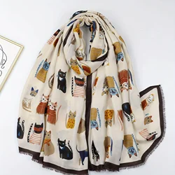 Cute Cartoon Cat Printed Scarf Thin Breathable Cotton Lined Feeling Fringe Shawl Sunscreen Beach Towel For Women Travel Vacation