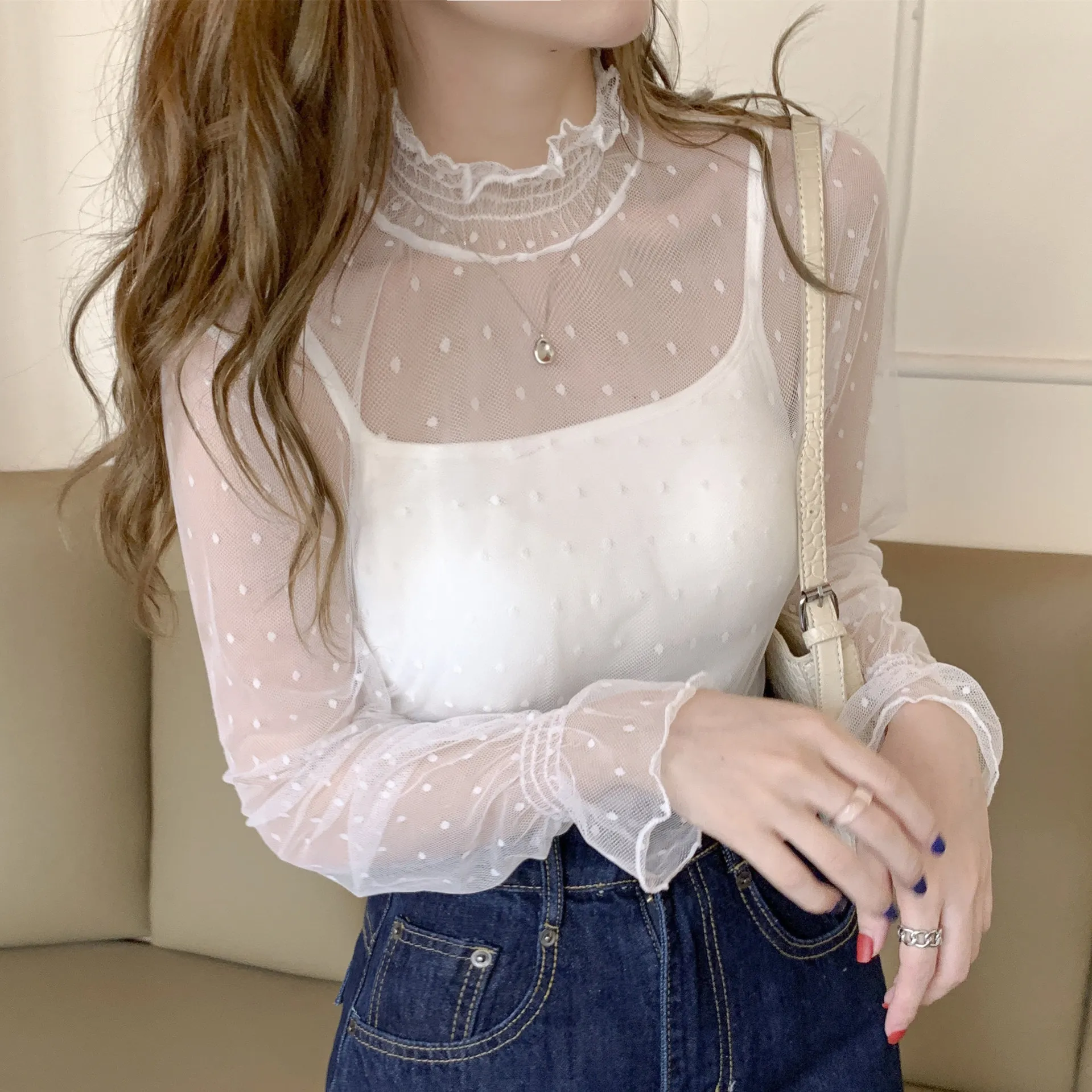 

Half High Neck Stacked Inner Lace Bottom Shirt Polka Dot Women's Long Sleeve Mesh Top Sehe Fashion