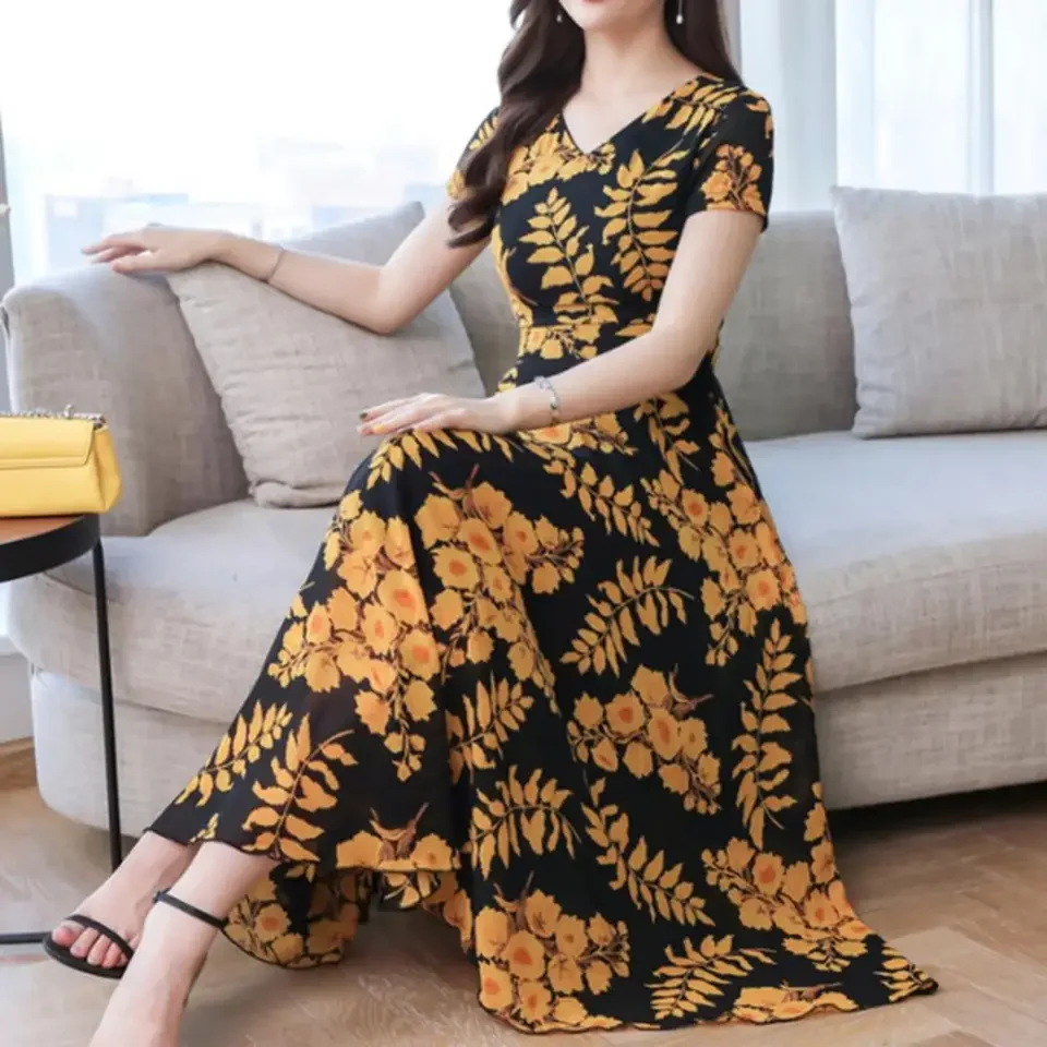 

Summer Women Short Sleeve Fashion Elegant Tight Dress Lady Floral Print Women's Waist Large Swing V-Neck Maxi Women's Clothing