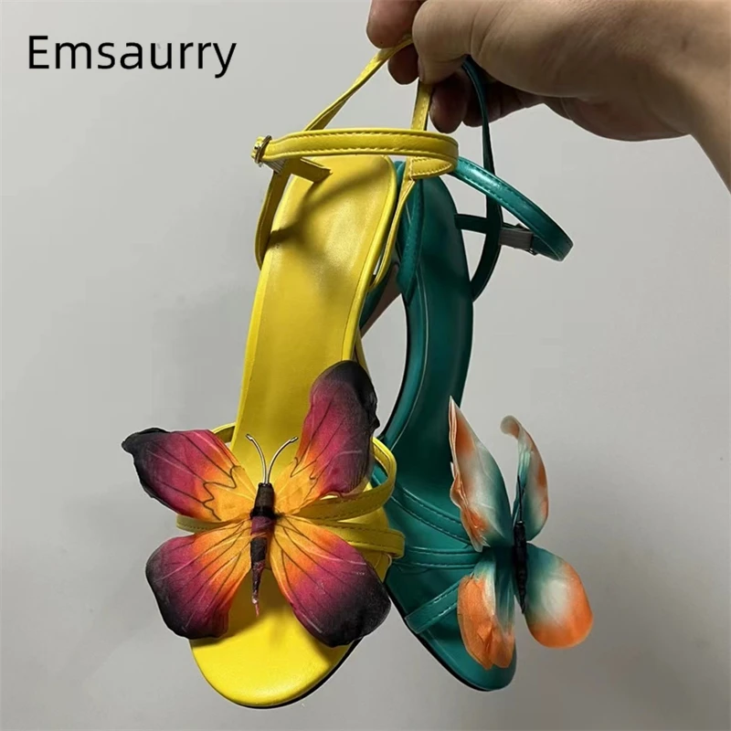 

Butterfly-Flower Decor Modern Sandals Women 10cm Stiletto Heel Genuine Leather Narrow Band Ankle Strap Summer Shoes