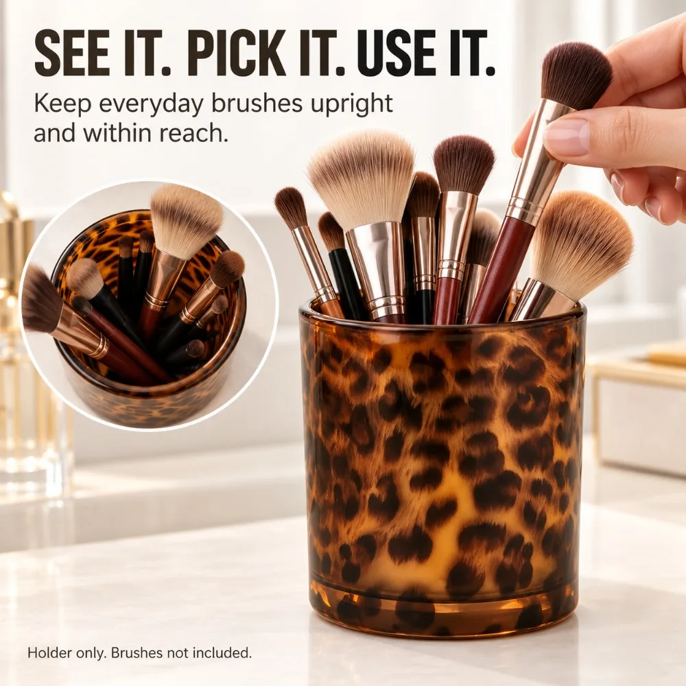 Leopard Print Glass Makeup Brush Holder,Amber Tortoiseshell Cosmetic Organizer Cup for Makeup Brushes,Eyeliner,Lipsticks and Beauty Tools,Glossy Vanity Storage Canister for Bathroom Counter,Dresser,Desktop Organization and Chic Home Decor