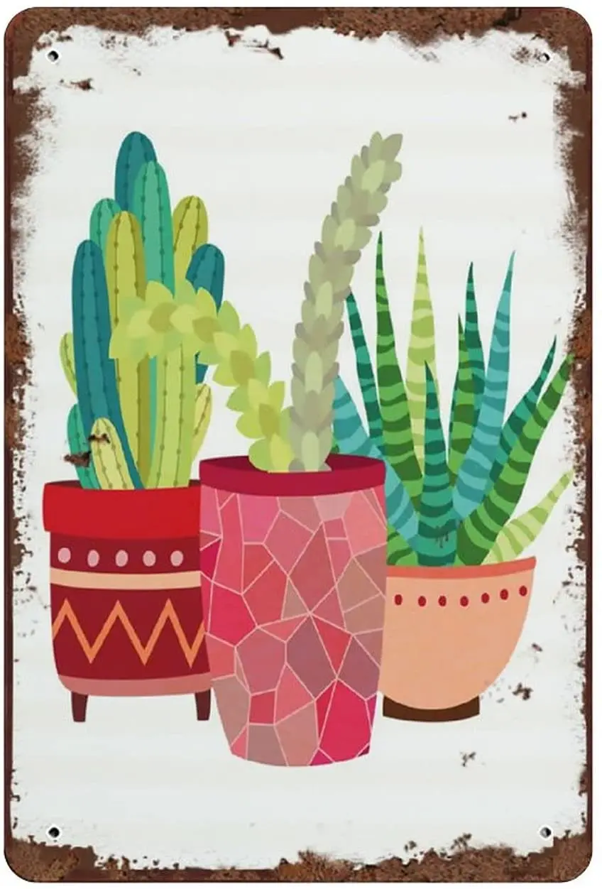 Potted Cactus Trio Metal Tin Sign Decorable Succulent Wall Art Cactus Southwestern Decor Potted Cacti Metal Room Sign for Home