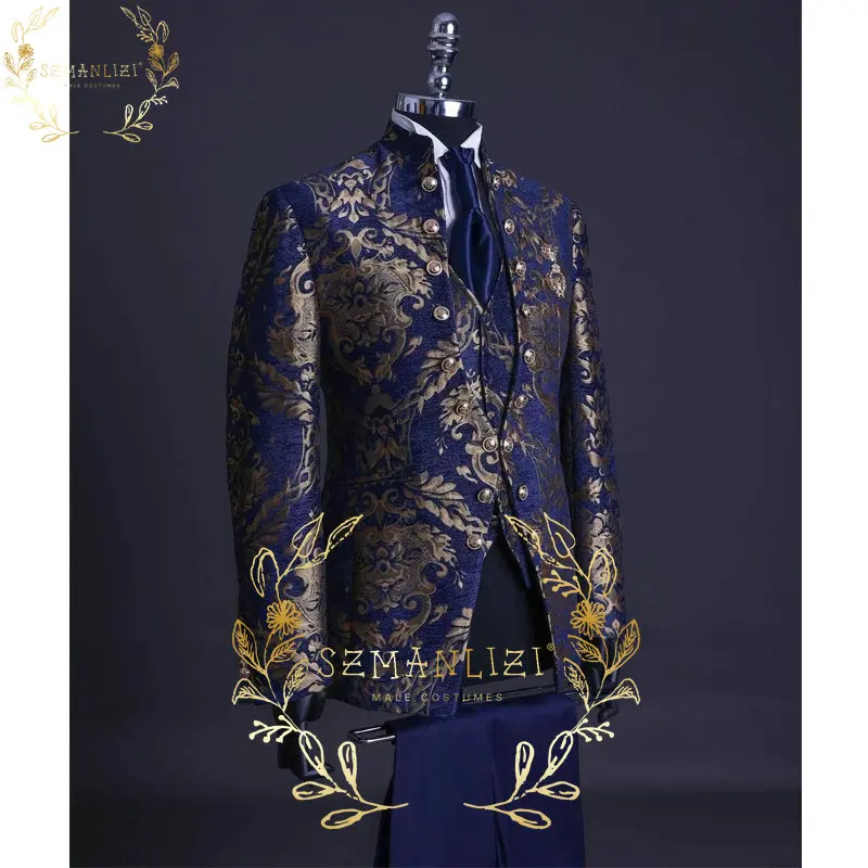 Navy Blue Gold Floral Jacquard Prom Men Suits For Wedding 3 Piece Slim Fit Groom Tuxedo Stand Collar Costume Jacket Vest Pants