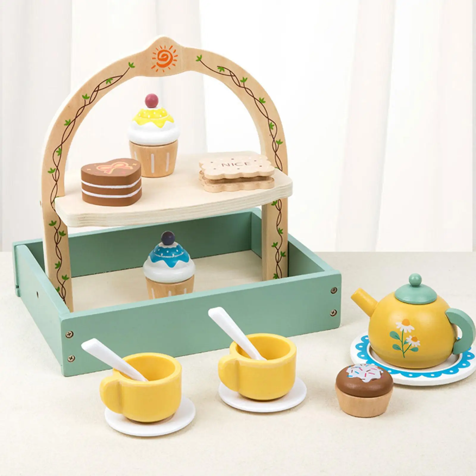 Set da tè in legno per bambine, giochi di ruolo con supporto per cupcake, giochi di finzione, accessori da cucina per ragazze di 3 4 5 anni