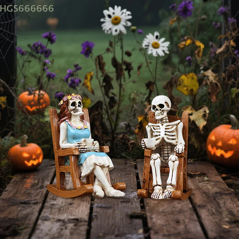 Halloween Resin Ornaments Coffee Rocking Chairs For Men And Women Skeletons Outdoor Courtyards Bonsai Home Decorations