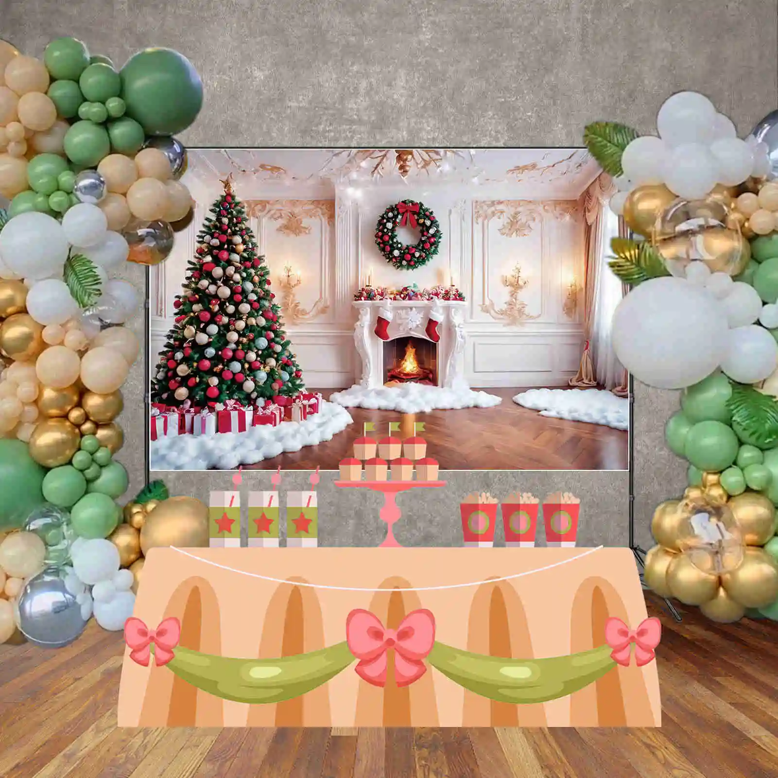 MOON.QG 화이트 크리스마스 트리 배경, 겨울 눈 벽난로, 거실 실내 배경, 파티 장식, 사진 촬영 액세서리