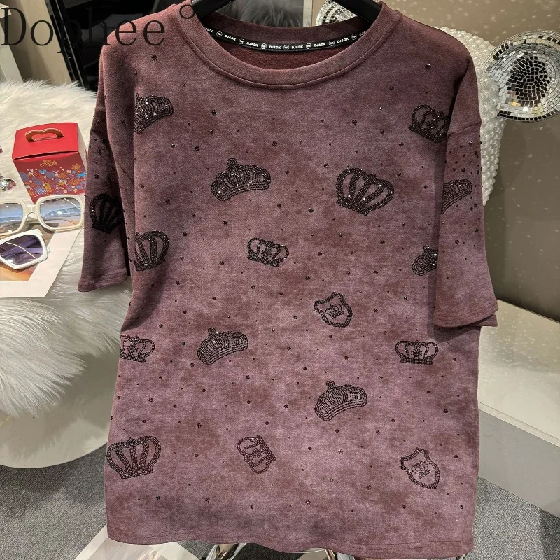 Thicken Autumn Winter Women Tshirt Luxury Crown Hot Drilling All-match Loose O-neck Pullover Top Mid-long Short Sleeve Basic Tee