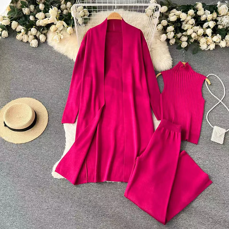 

3 Pieces Suit for Women Pants Sets Long Cardigan Jackets Turtleneck Vest Knit Trousers Suit Women 3 Pieces Set Outfit
